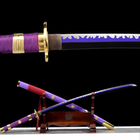 Purple and gold Enma Katana with intricate design on blade, displayed on a stand with scabbard in front view.