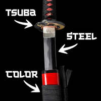 Close-up view of katana, showcasing black steel blade, ornate tsuba, and red sheath detail with intricate handle wrap. Custom-Made Katana.