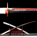 Red and black katana with flame motifs, white handle, and orange guard on a wooden stand, showcased against a black background. Rengoku K...