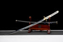Kinbana no Yaiba Katana - — Manganese Steel, White wrapped handle, gold fittings, black textured saya, blue cord.