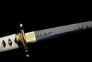 Kinbana no Yaiba Katana - — Manganese Steel, White wrapped handle, gold fittings, black textured saya, blue cord.