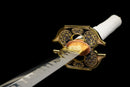 Kinbana no Yaiba Katana - — Manganese Steel, White wrapped handle, gold fittings, black textured saya, blue cord.