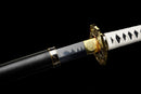Kinbana no Yaiba Katana - — Manganese Steel, White wrapped handle, gold fittings, black textured saya, blue cord.