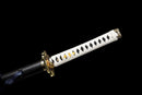 Kinbana no Yaiba Katana - — Manganese Steel, White wrapped handle, gold fittings, black textured saya, blue cord.