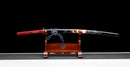 Emaki Katana - — T10 Steel, Red ito handle with gold, black saya with warrior art, blue sageo