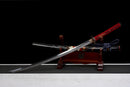 Emaki Katana - — T10 Steel, Red ito handle with gold, black saya with warrior art, blue sageo