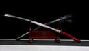 Emaki Katana - — T10 Steel, Red ito handle with gold, black saya with warrior art, blue sageo