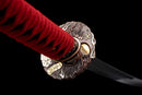 Emaki Katana - — T10 Steel, Red ito handle with gold, black saya with warrior art, blue sageo
