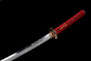 Emaki Katana - — T10 Steel, Red ito handle with gold, black saya with warrior art, blue sageo