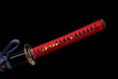 Emaki Katana - — T10 Steel, Red ito handle with gold, black saya with warrior art, blue sageo