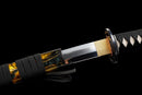 Kohaku Katana - — Tamahagane, Black ito over white rayskin, Gold/black speckled saya, black sageo
