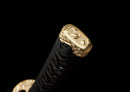 Akagane Katana - — Damascus Steel, Black wrap, white diamonds, gold tsuba, black gold floral saya