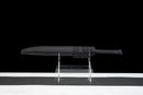 Nightshade Tactical Gladius — DLC Elite — 80CrV2 steel, Black grip, violet pins, black textured sheath, gold guard