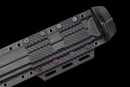 Nightshade Tactical Gladius — DLC Elite — 80CrV2 steel, Black grip, violet pins, black textured sheath, gold guard