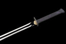Nightshade Tactical Gladius — DLC Elite — 80CrV2 steel, Black grip, violet pins, black textured sheath, gold guard