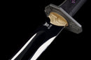 Nightshade Tactical Gladius — DLC Elite — 80CrV2 steel, Black grip, violet pins, black textured sheath, gold guard