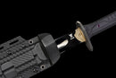 Nightshade Tactical Gladius — DLC Elite — 80CrV2 steel, Black grip, violet pins, black textured sheath, gold guard