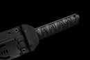 Stealth Hawk Short Sword — Titanium Edition — black textured grip, gold collar, black molded sheath with clip