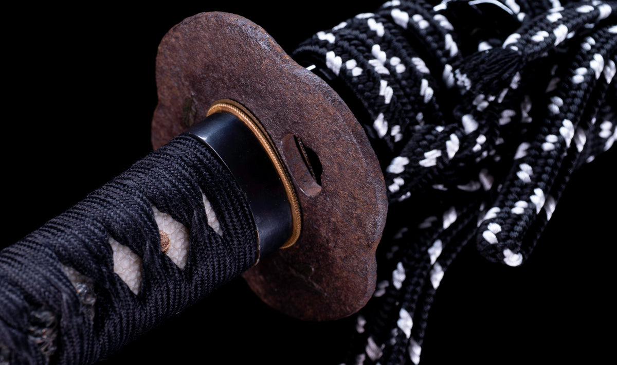 Antique Japanese Katana with Black Lacquer Koshirae and Feather-Motif