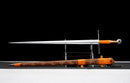 Aurantia Longsword — Spring Steel, Orange leather grip, silver steel guard/pommel, tooled orange leather scabbard.