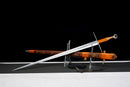Aurantia Longsword — Spring Steel, Orange leather grip, silver steel guard/pommel, tooled orange leather scabbard.