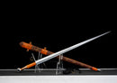 Aurantia Longsword — Spring Steel, Orange leather grip, silver steel guard/pommel, tooled orange leather scabbard.