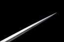 Aurantia Longsword — Spring Steel, Orange leather grip, silver steel guard/pommel, tooled orange leather scabbard.