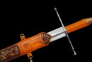 Aurantia Longsword — Spring Steel, Orange leather grip, silver steel guard/pommel, tooled orange leather scabbard.