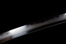 Mikazuki Katana - — Damascus Steel, Tan wrap handle, gold ornate tsuba, black lacquered sheath, black cord