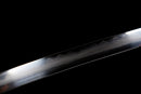 Mikazuki Katana - — Damascus Steel, Tan wrap handle, gold ornate tsuba, black lacquered sheath, black cord