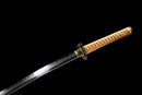 Mikazuki Katana - — Damascus Steel, Tan wrap handle, gold ornate tsuba, black lacquered sheath, black cord