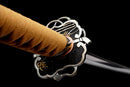 Mikazuki Katana - — Damascus Steel, Tan wrap handle, gold ornate tsuba, black lacquered sheath, black cord