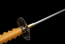 Mikazuki Katana - — Damascus Steel, Tan wrap handle, gold ornate tsuba, black lacquered sheath, black cord
