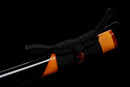 Mikazuki Katana - — Damascus Steel, Tan wrap handle, gold ornate tsuba, black lacquered sheath, black cord
