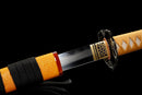 Mikazuki Katana - — Damascus Steel, Tan wrap handle, gold ornate tsuba, black lacquered sheath, black cord