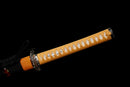 Mikazuki Katana - — Damascus Steel, Tan wrap handle, gold ornate tsuba, black lacquered sheath, black cord