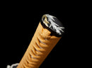 Mikazuki Katana - — Damascus Steel, Tan wrap handle, gold ornate tsuba, black lacquered sheath, black cord